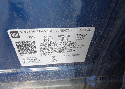 2022 Chevrolet Equinox Fwd Lt из США, поврежденный, VIN 3GNAXKEV8NL309670